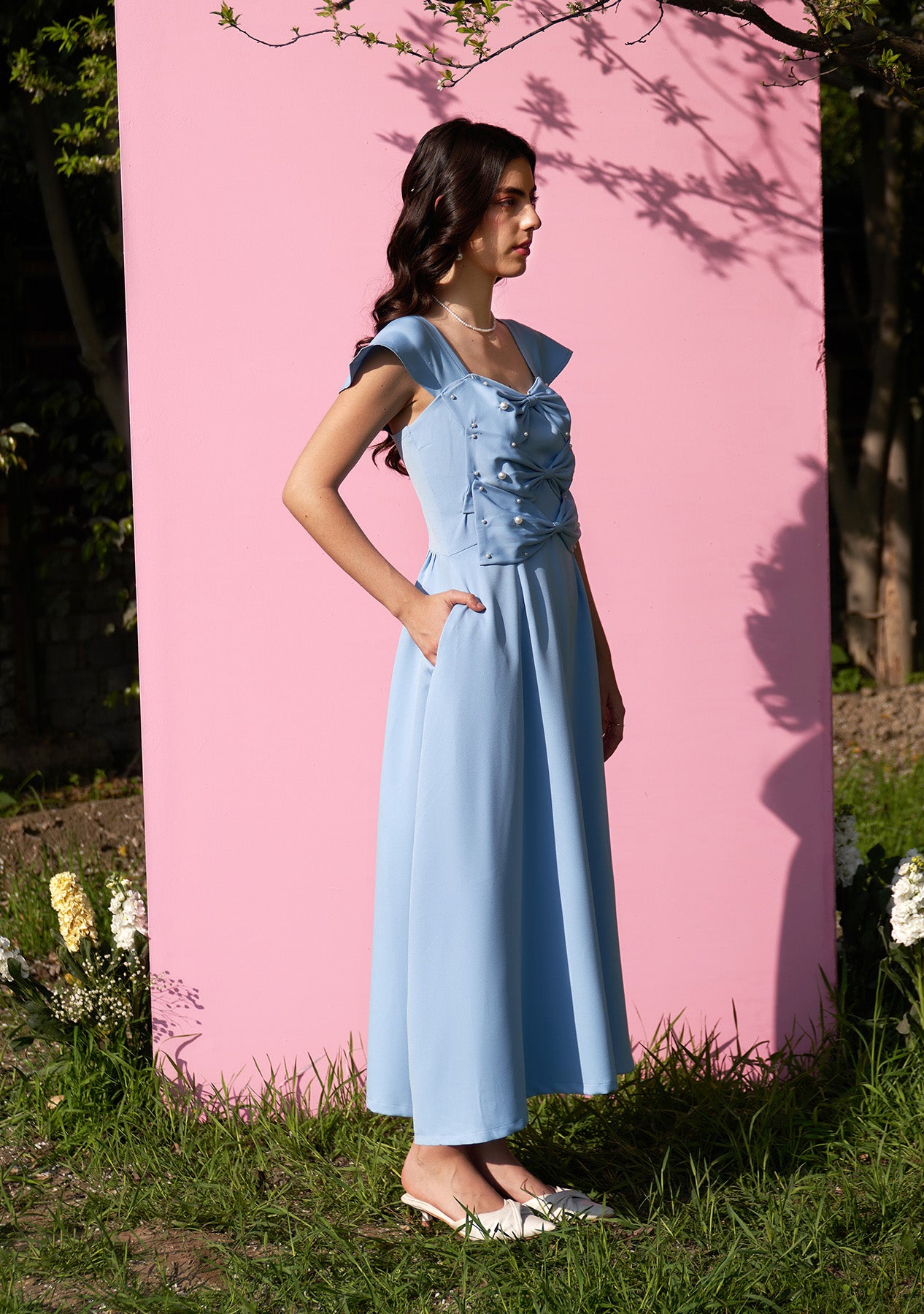 3 Bow Midi Dress (Powder Blue)