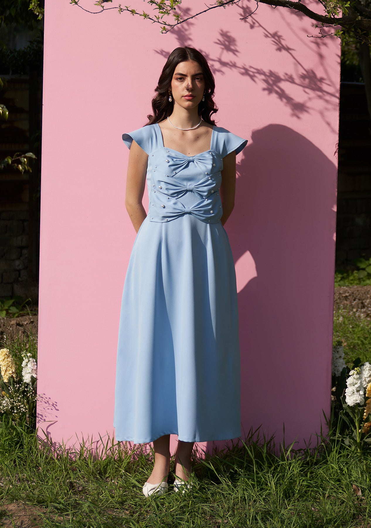 3 Bow Midi Dress (Powder Blue)