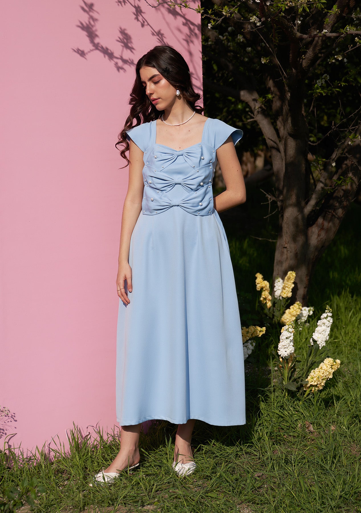 3 Bow Midi Dress (Powder Blue)