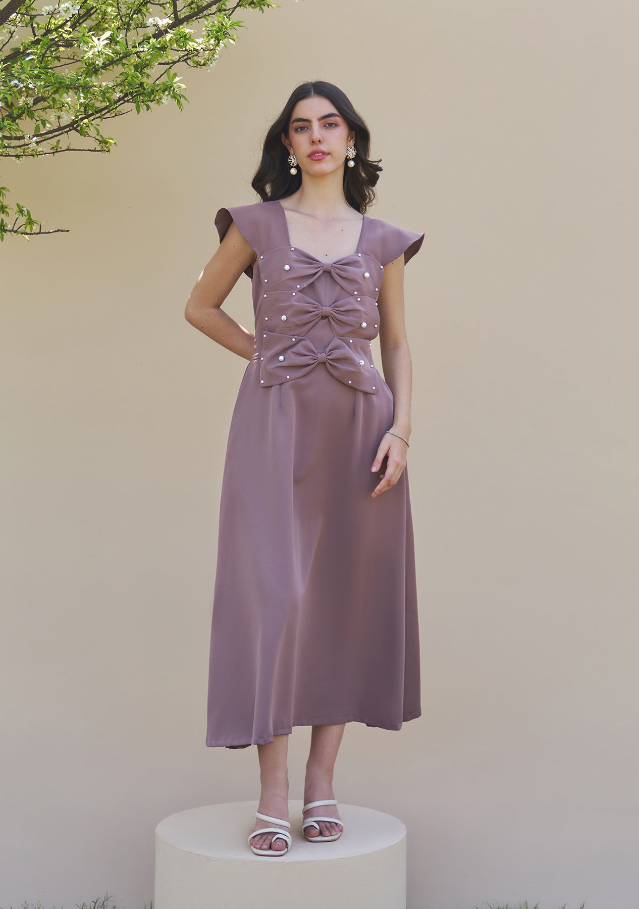 3 Bow Midi Dress (Mocha)