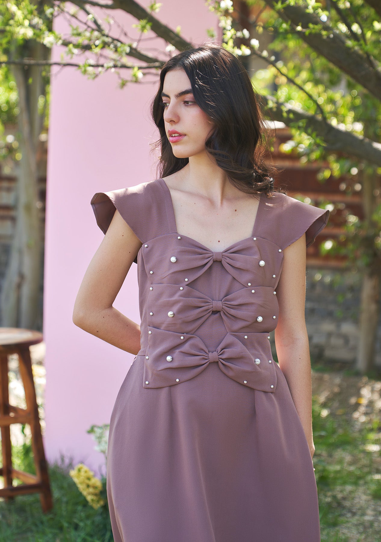 3 Bow Midi Dress (Mocha)