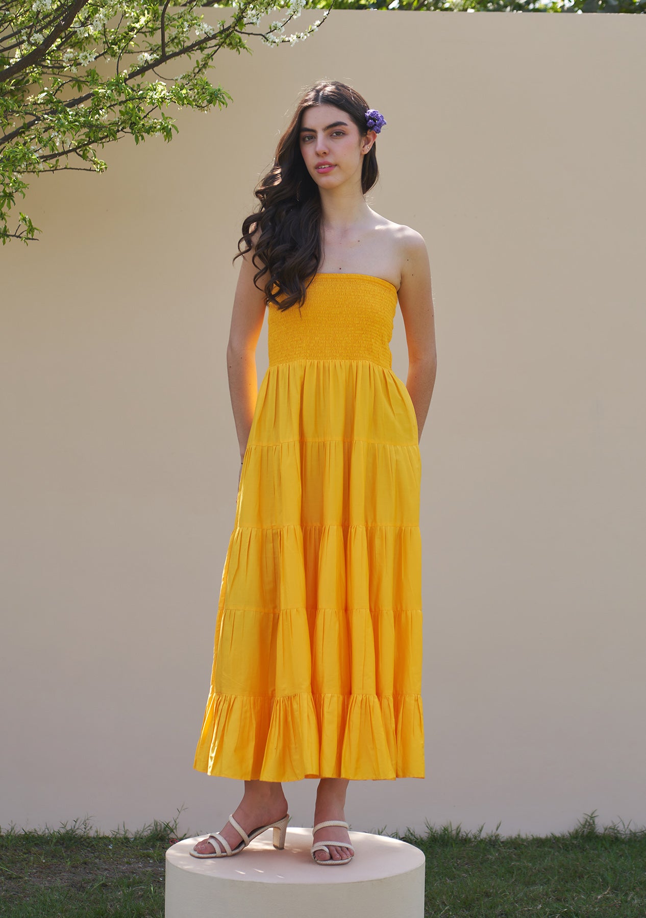 Beatrice Midi Dress with Detachable Sleeves (Mango Sorbet)