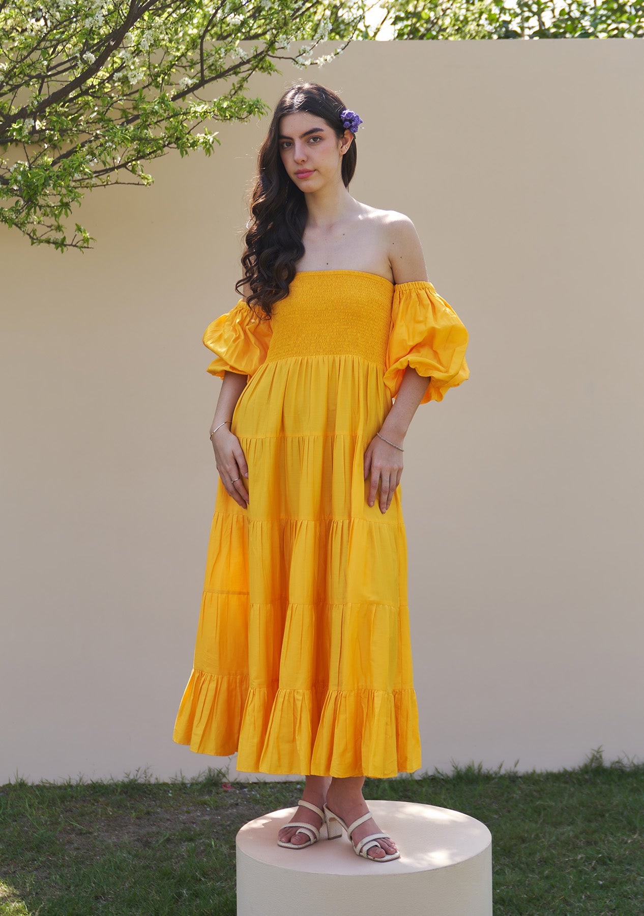 Beatrice Midi Dress with Detachable Sleeves (Mango Sorbet)