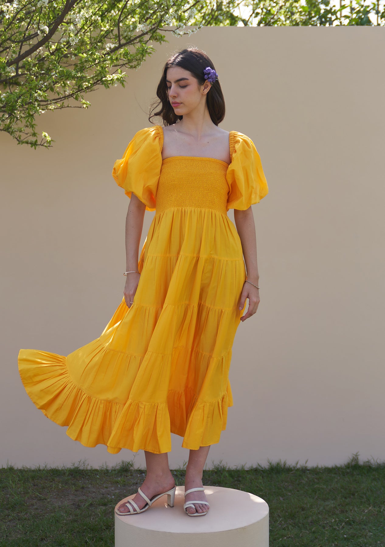 Beatrice Midi Dress with Detachable Sleeves (Mango Sorbet)