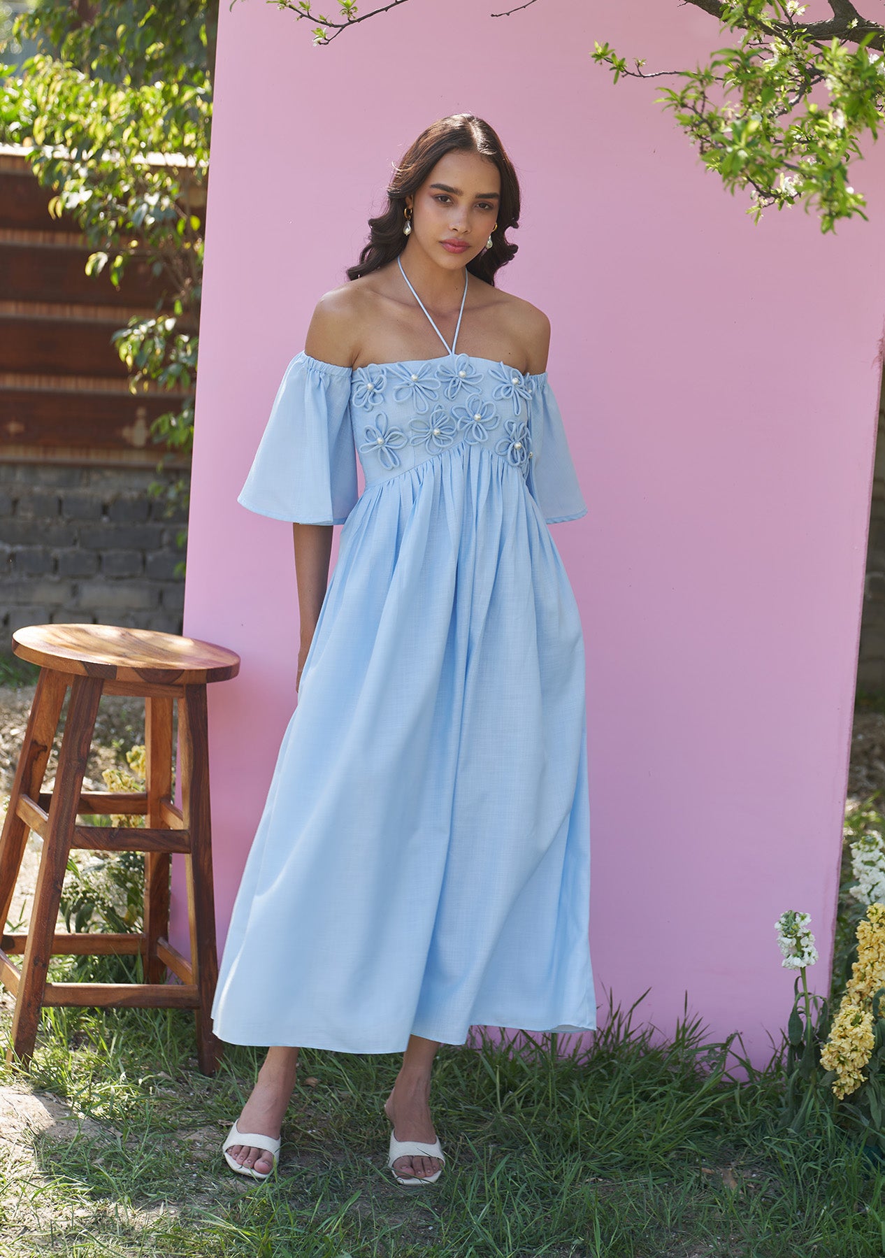 Elle Midi Dress with Detachable Sleeves (Powder Blue)