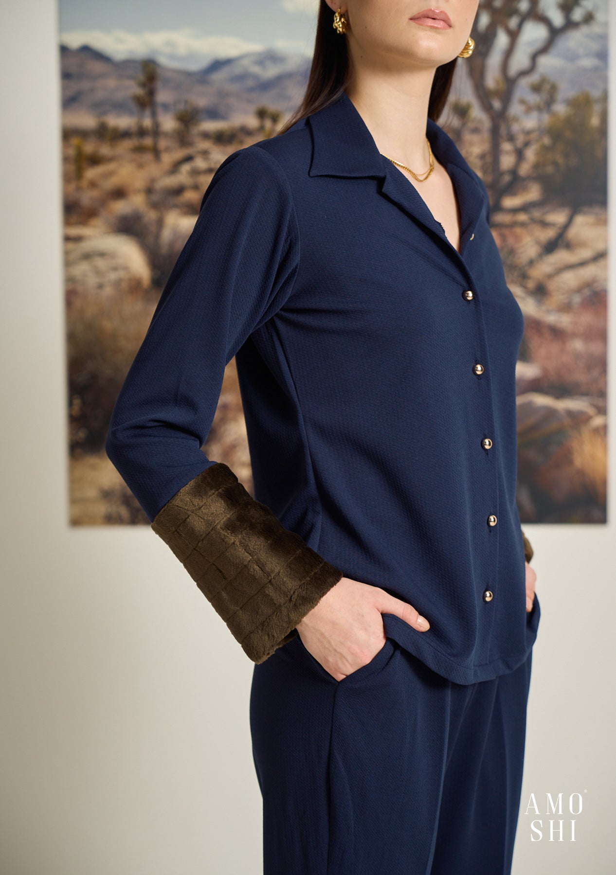 Sherry Fur Cuff Shirt (Navy)