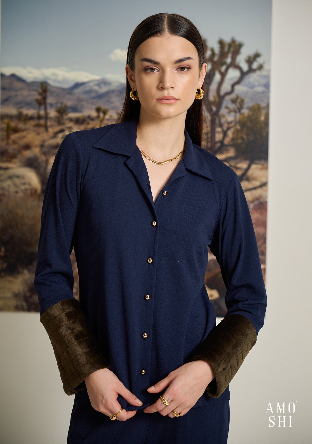 Sherry Fur Cuff Shirt (Navy)