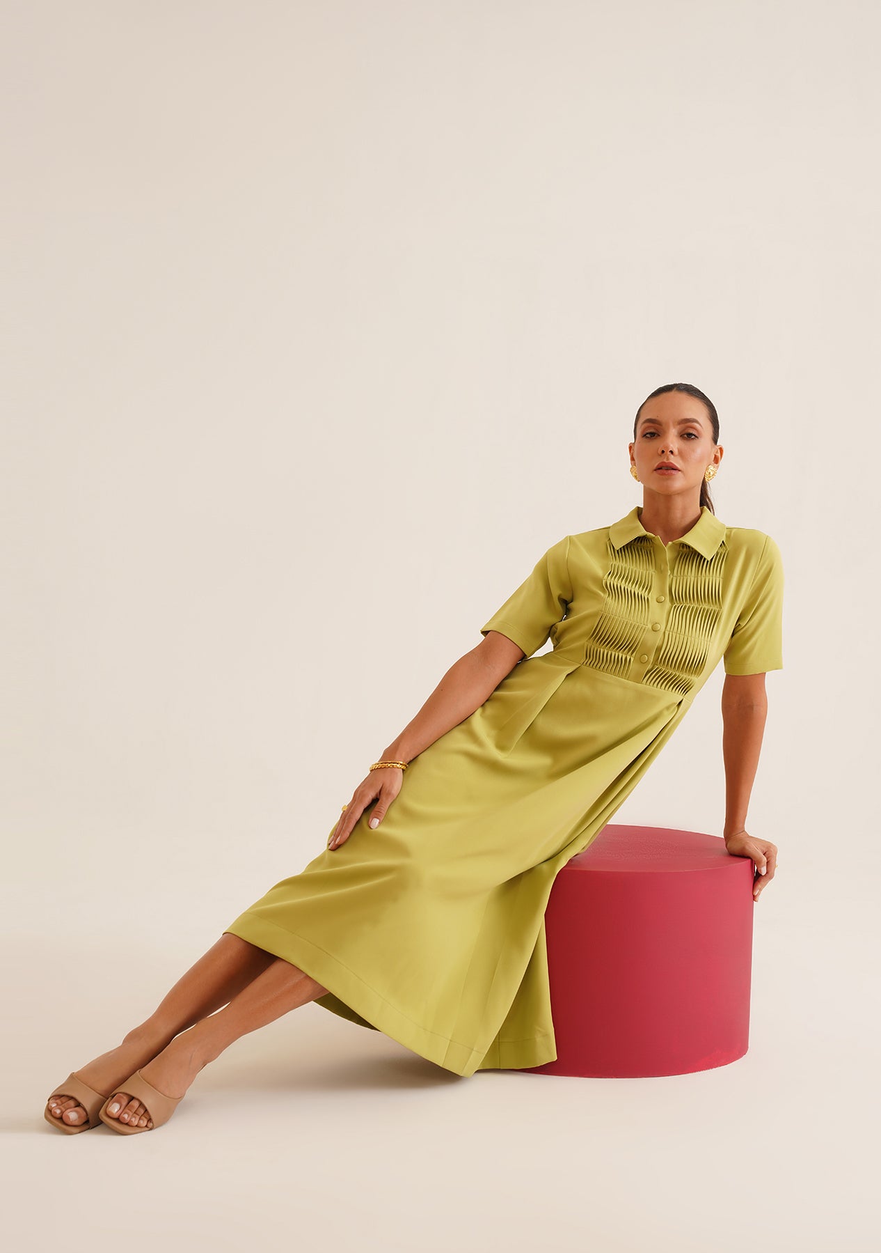 Wave Pintuck Midi Dress (Cyber Green)