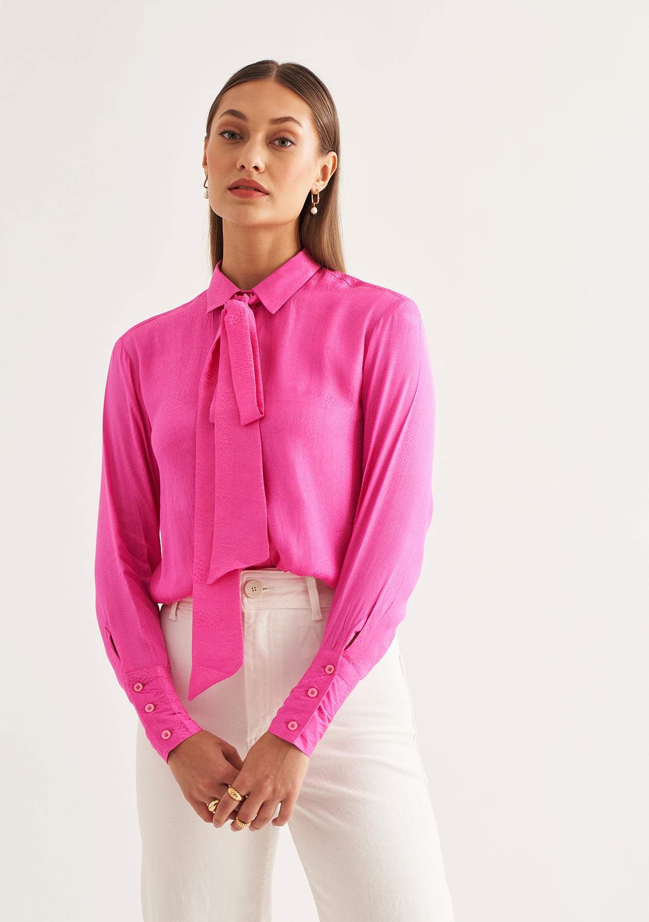 Angelina Shirt-Amoshi-Satin Jacquard pussy bow shirt