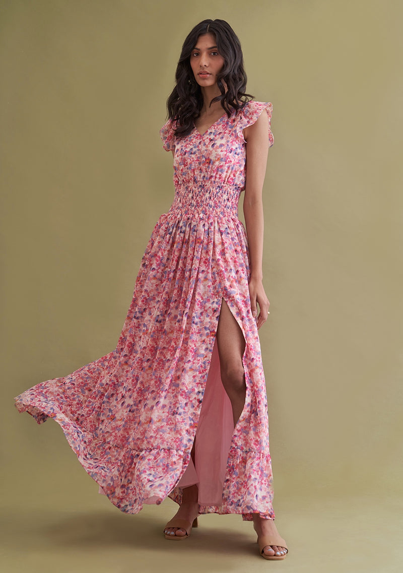 Pink Floral Midi Dress  Metallic Ruffled Dress  Floral Dress  Lulus